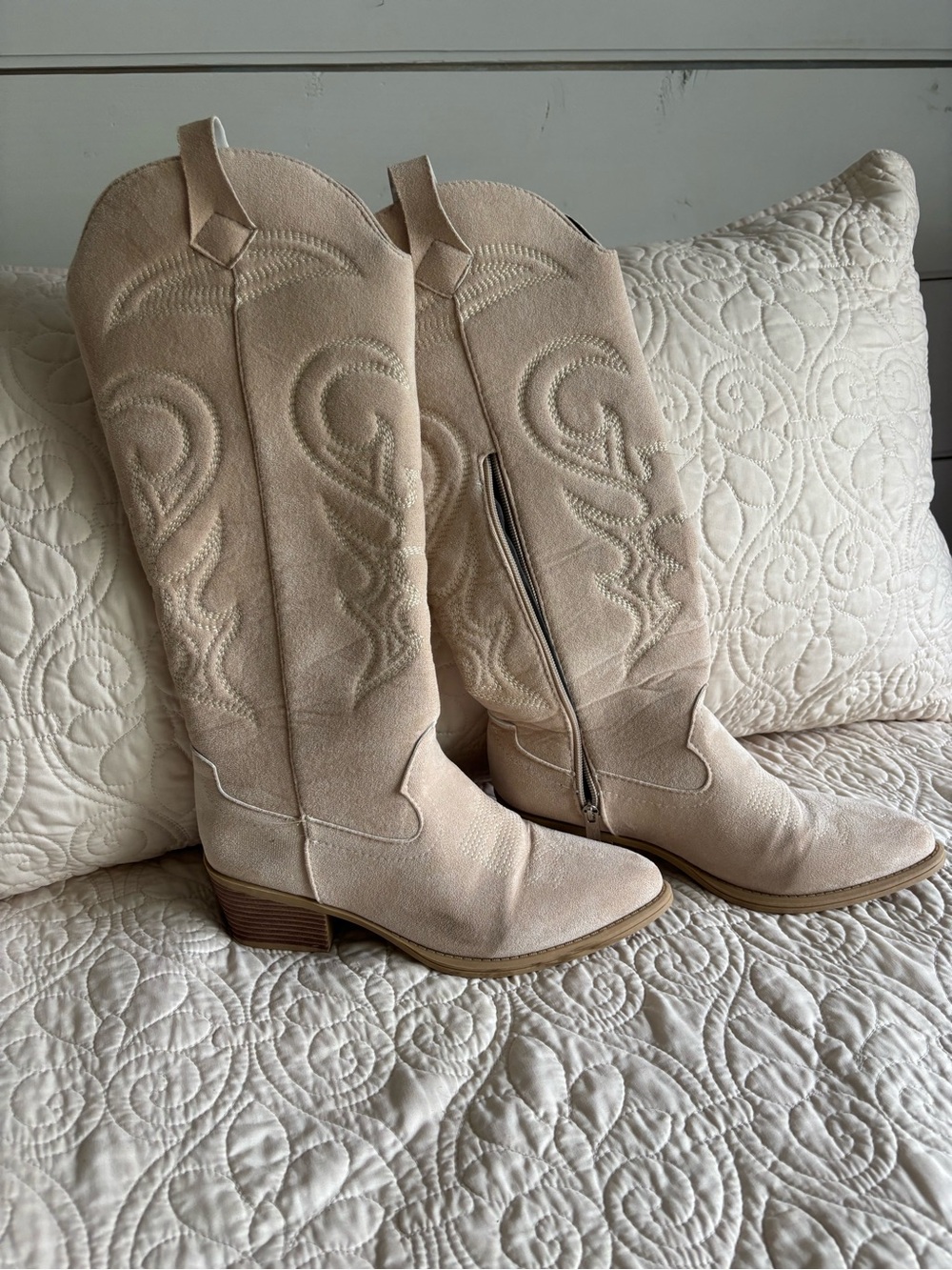 Women's Cream Western Knee-High Suede Boots